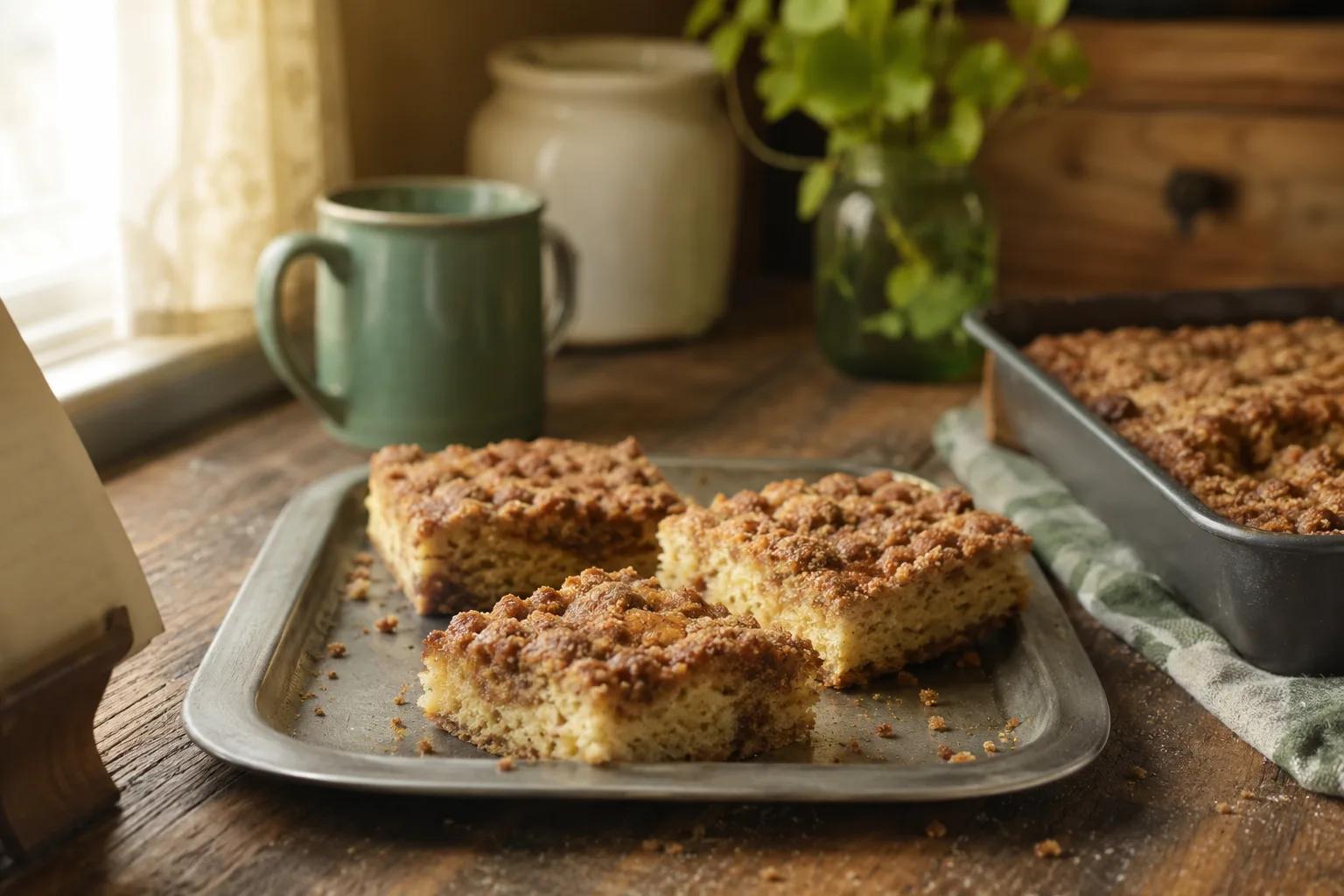 Three pieces of cinnamon crumb coffee cake on a simple metal tray.