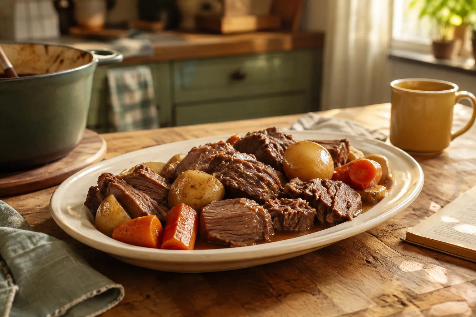 Tender pot roast with carrots and golden potatoes on a cream platter.