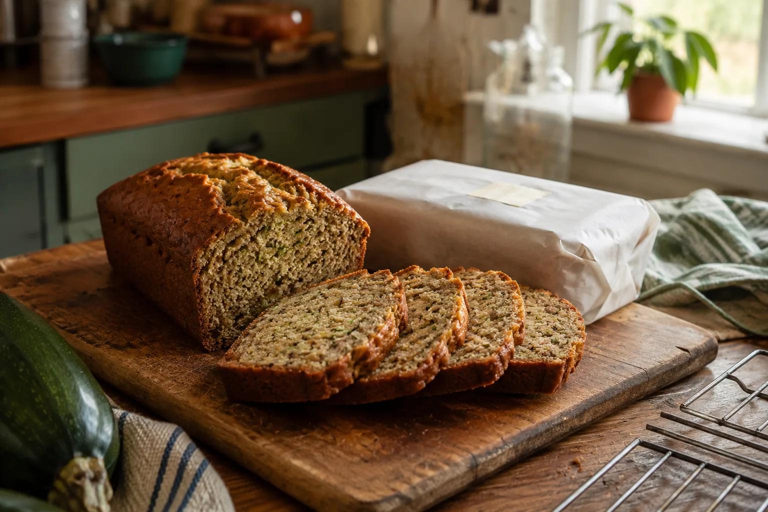Sliced cinnamon zucchini bread beside a second loaf wrapped for January.