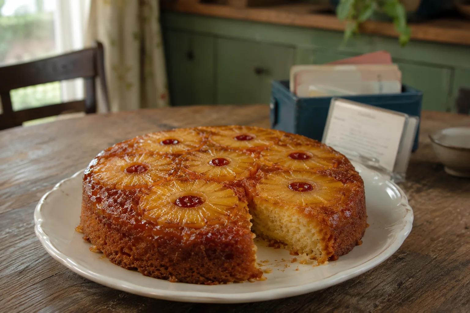 Golden pineapple upside-down cake with seven rings on an ivory plate beside an aged card.