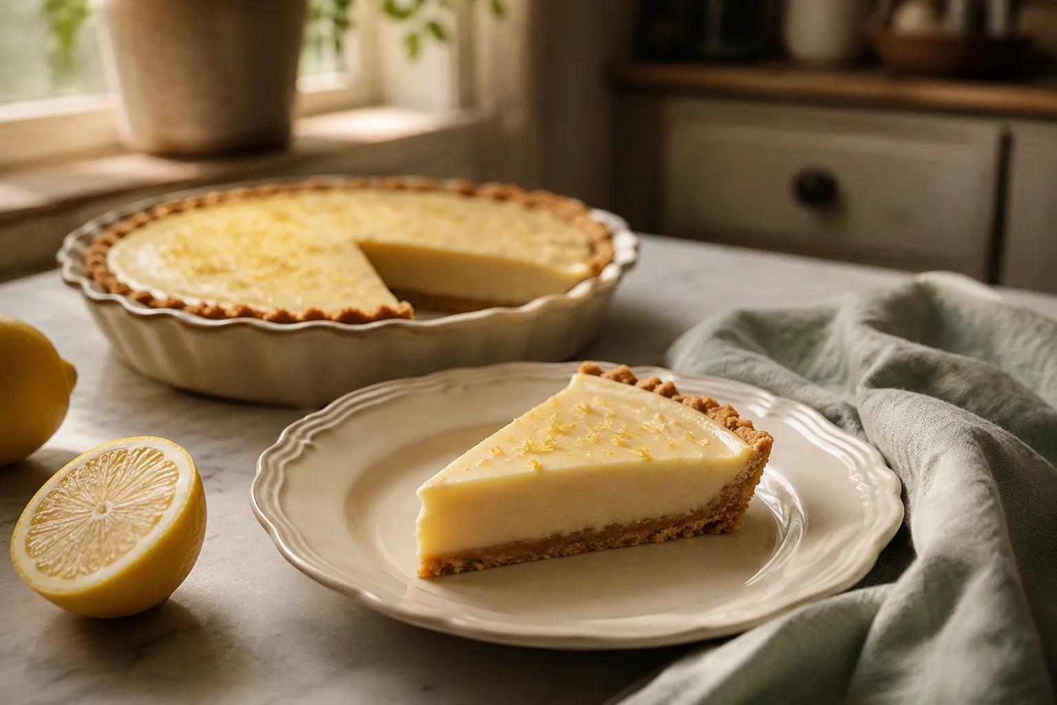 Pale lemon icebox pie in a graham crust with one chilled slice.