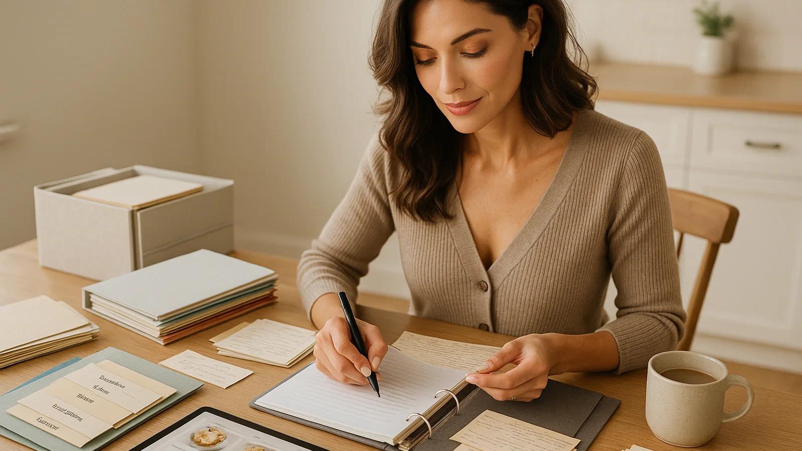 Stylish adult woman energetically organizing recipe cards, binders, and collections across a bright kitchen table