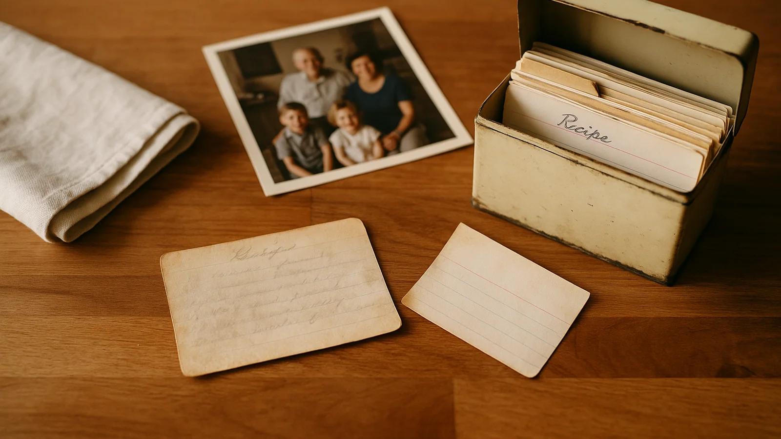 Warm family kitchen table with handwritten recipe cards, old photos, and multiple generations preserving recipes together