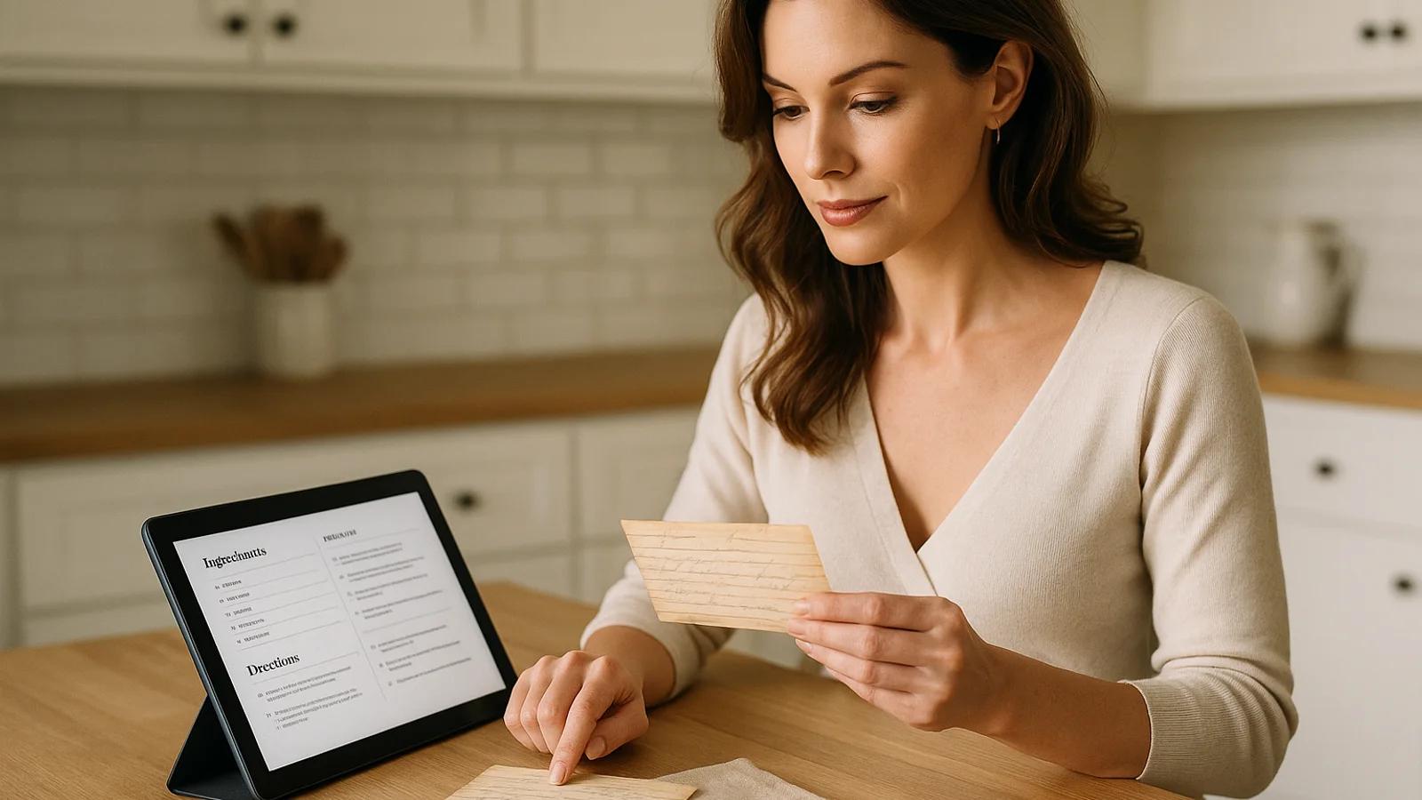 Elegant adult woman digitizing handwritten family recipe cards beside a tablet with a clean digital recipe layout in warm kitchen light
