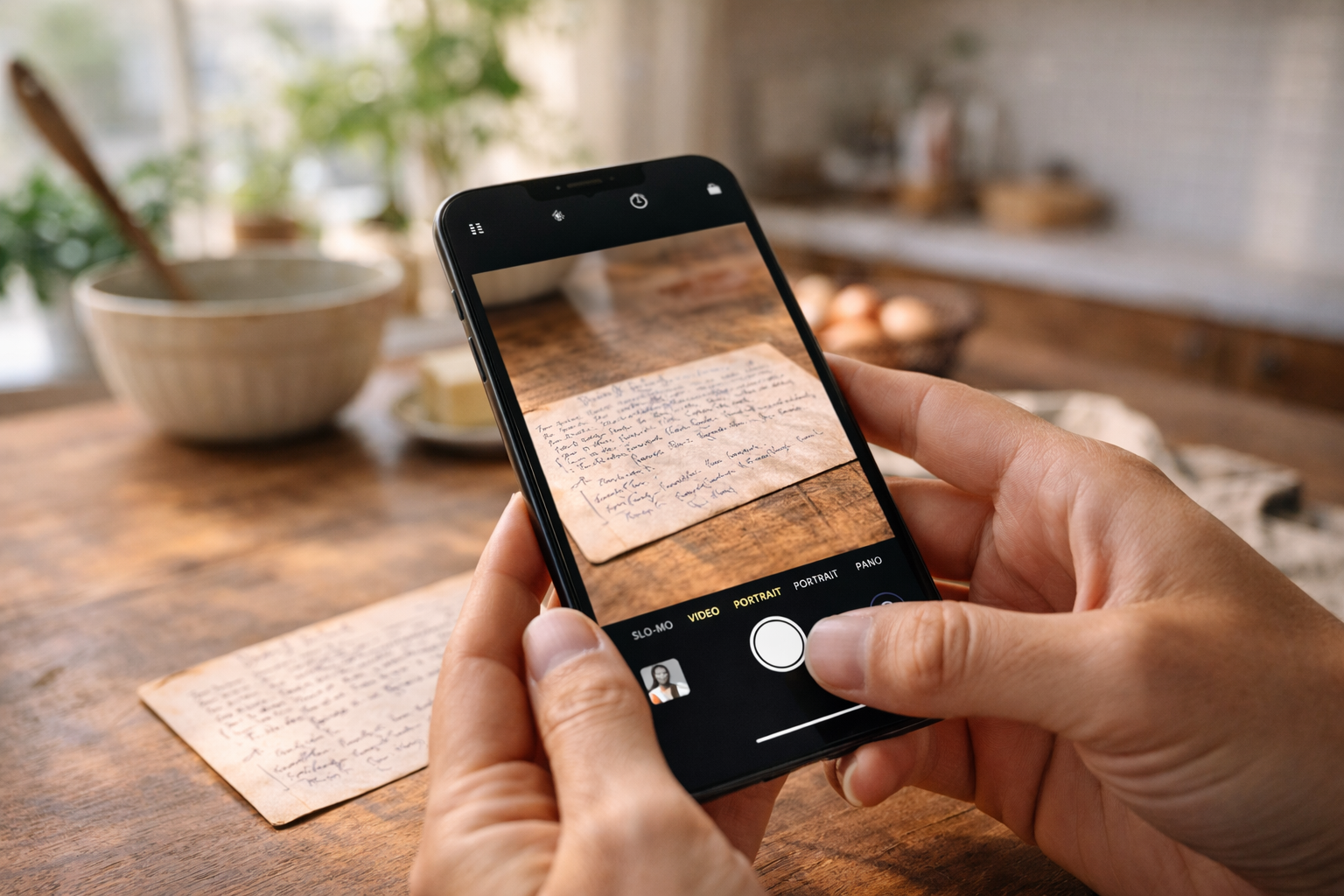 Smartphone camera capturing a worn handwritten recipe card on a warm wooden kitchen table