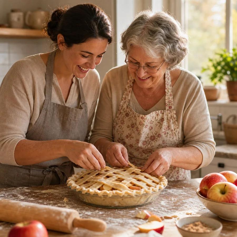 Mother and grandmother baking an apple pie together from a preserved family recipe