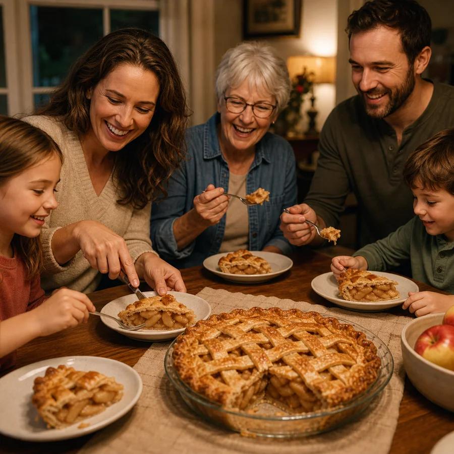 Family members sharing slices of apple pie at the table