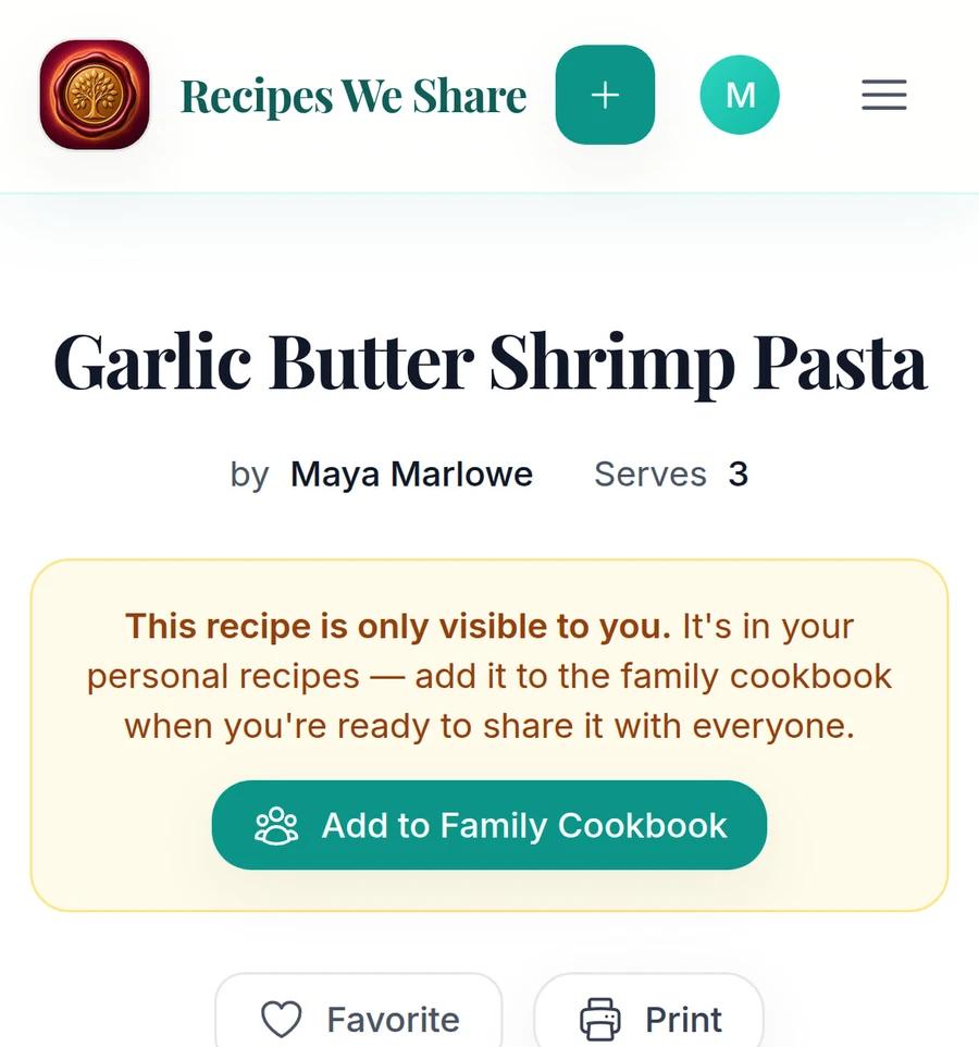 A recipe saved from TikTok, visible only to the person who saved it, with an Add to Family Cookbook button