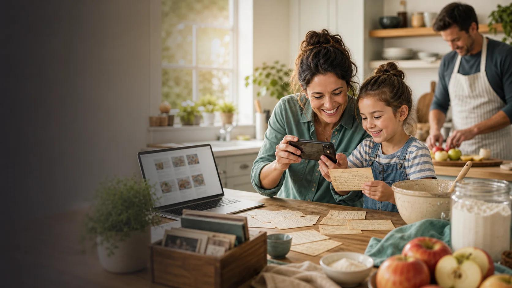 Mother and daughter scanning a handwritten recipe card while building a shared family cookbook
