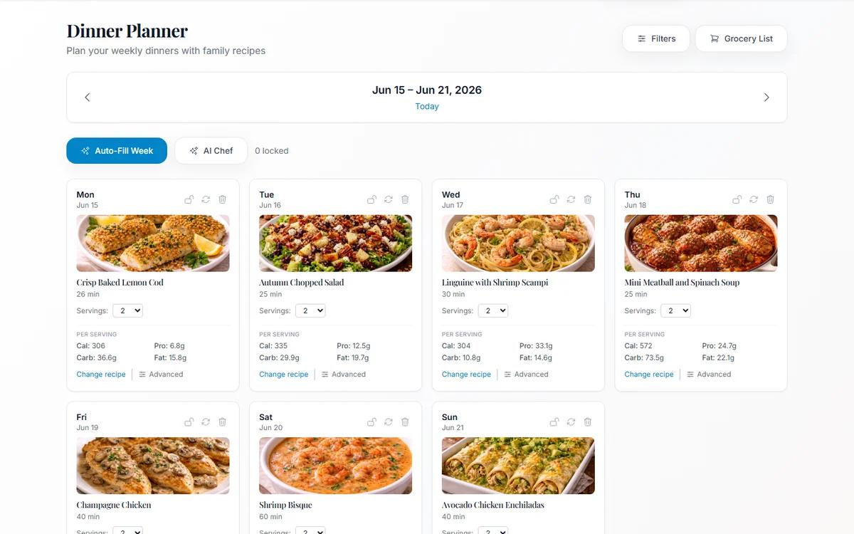 Actual Recipes We Share dinner planner showing a week of planned meals with recipe images and nutrition details