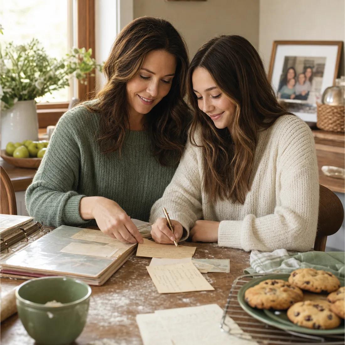 Family members preserving handwritten recipes and memories together