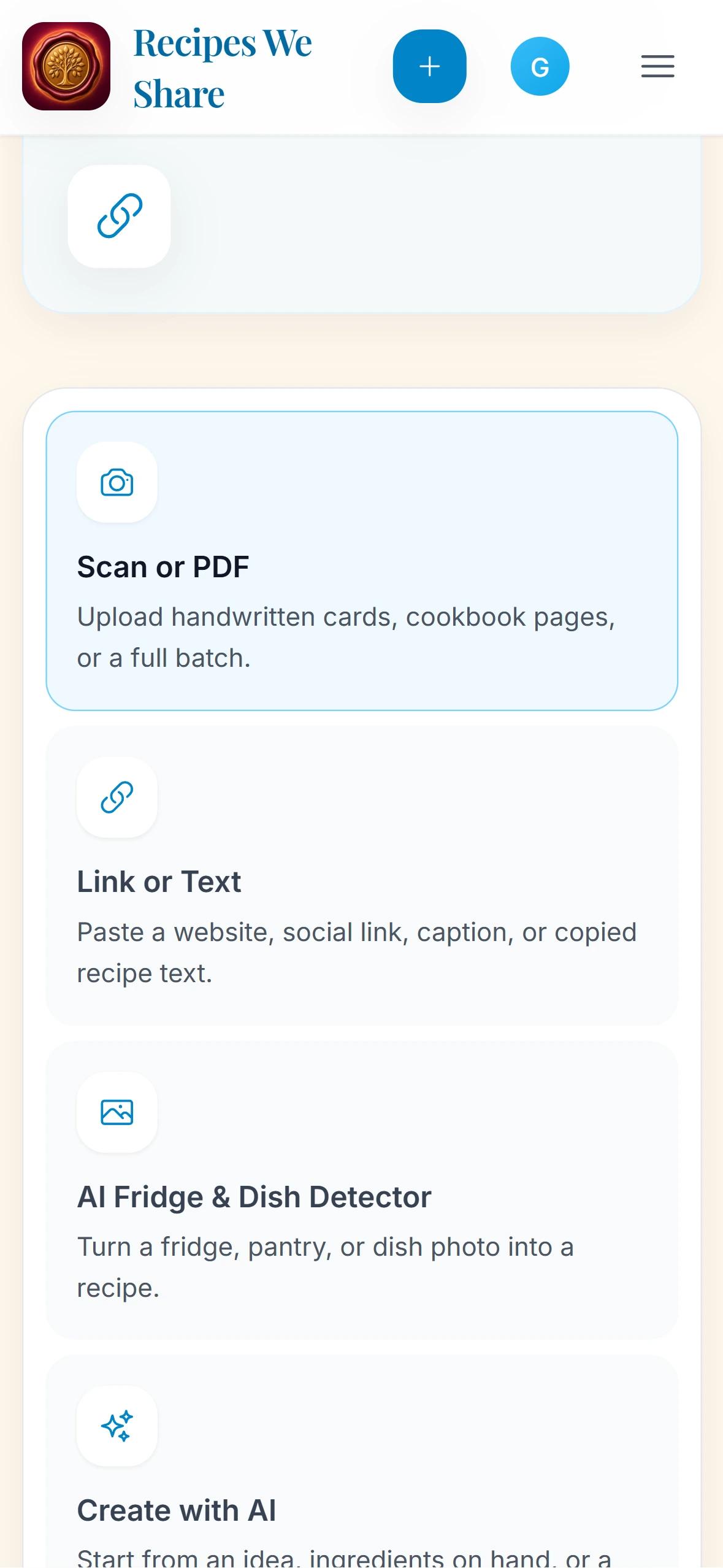Recipes We Share capture screen with scan, link, and AI options