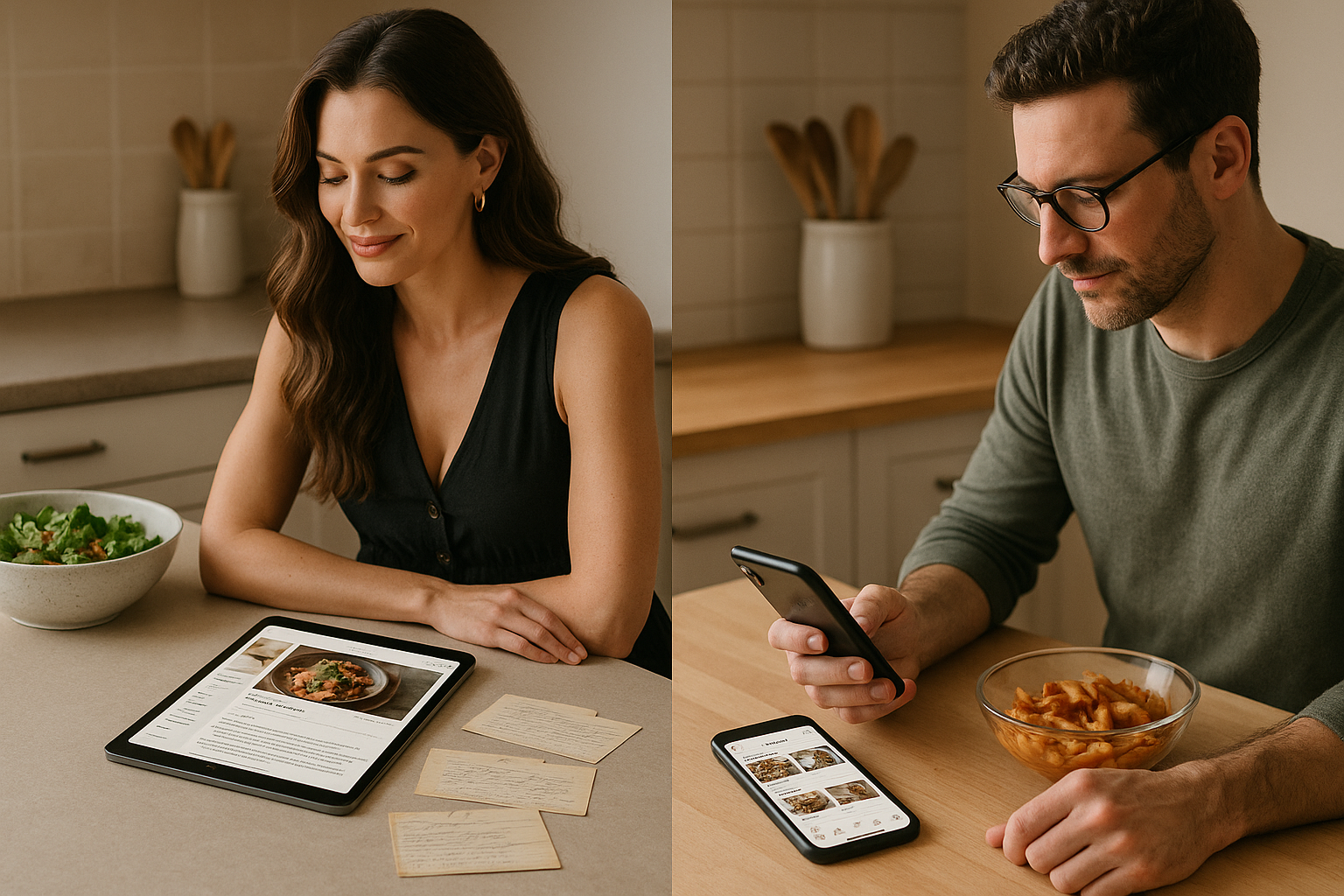 Two attractive adults in separate kitchens collaborating on shared family recipes with visible recipe layouts on their screens