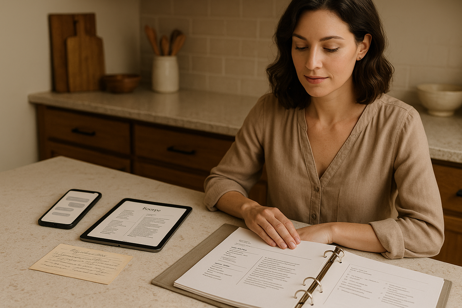 Phone with recipe messages beside handwritten notes and a digital family cookbook layout on a tablet