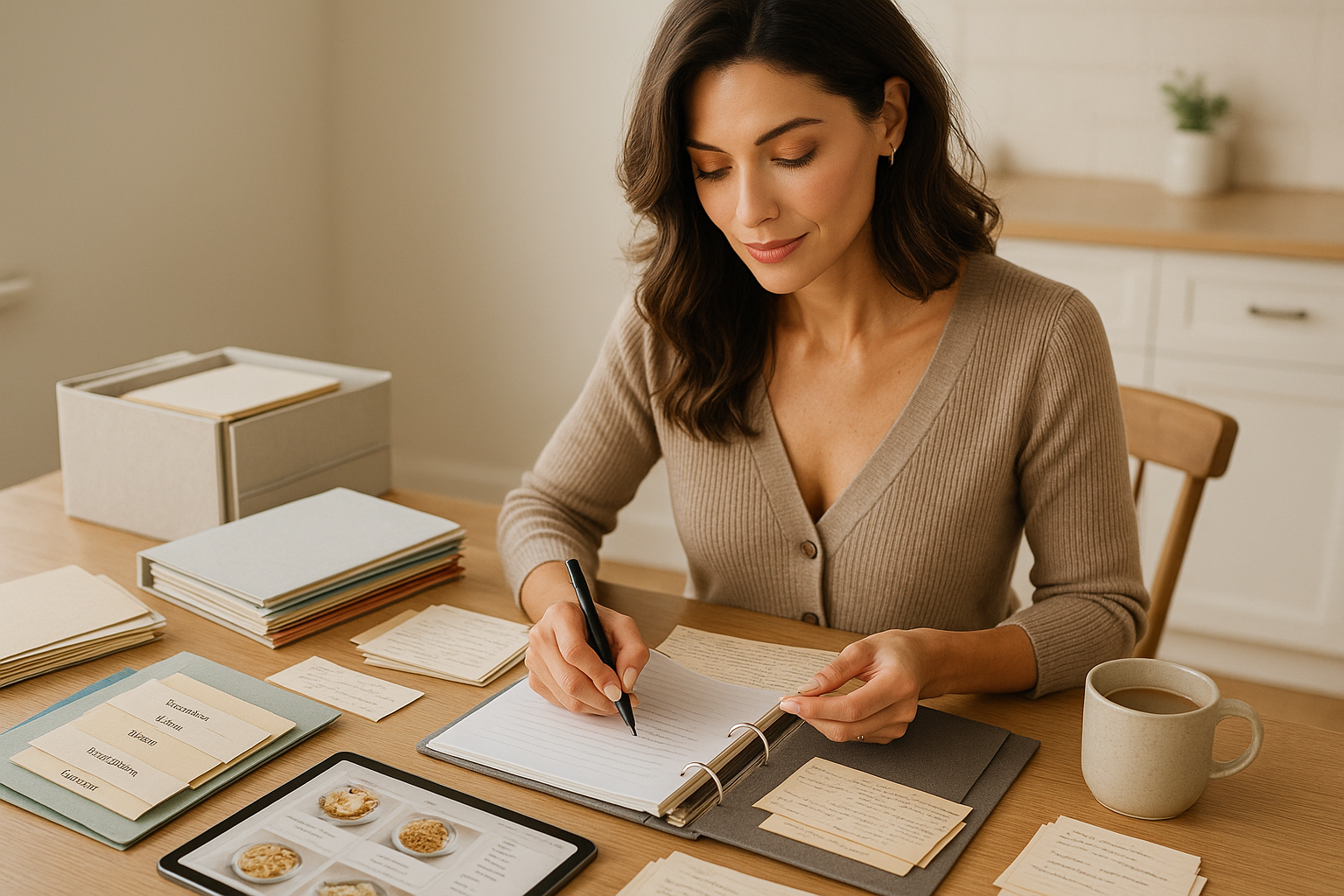 Stylish adult woman energetically organizing recipe cards, binders, and collections across a bright kitchen table