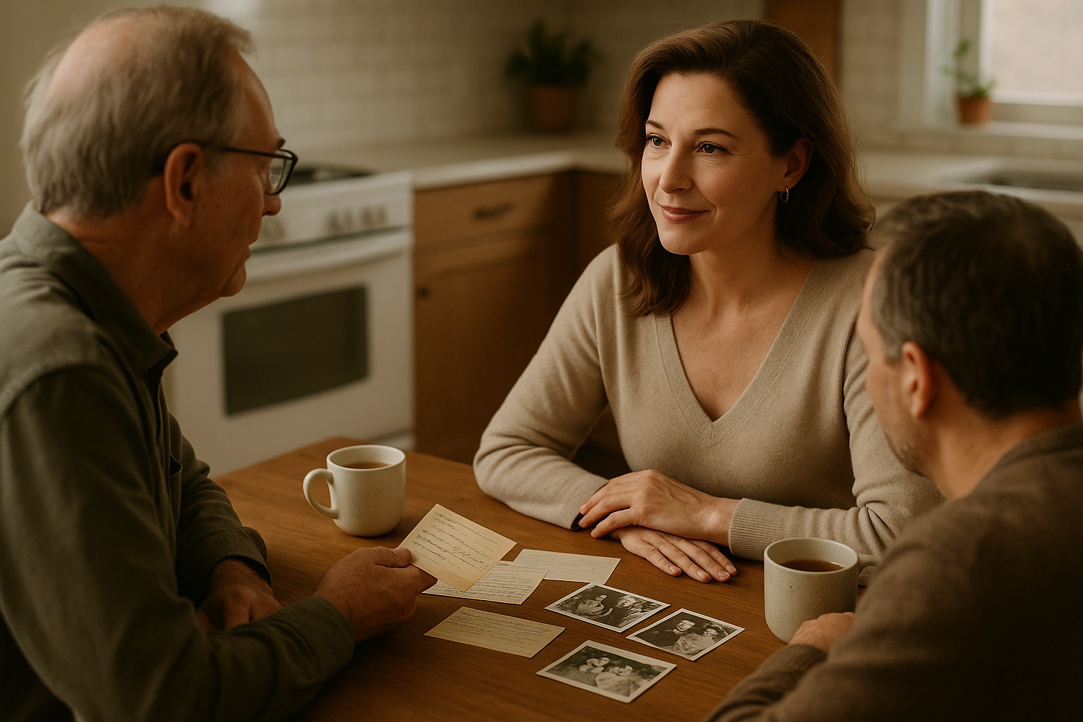 Adult family members talking over handwritten recipe cards and old family photos at a kitchen table