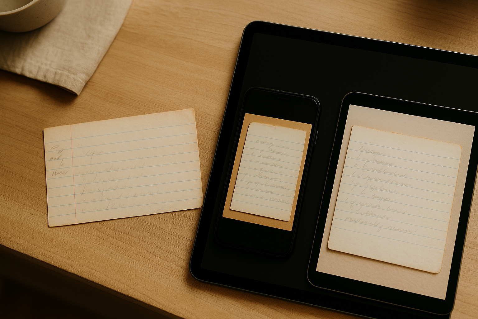 Handwritten recipe card beside phone and tablet previews showing crop and filter mistakes before digitizing