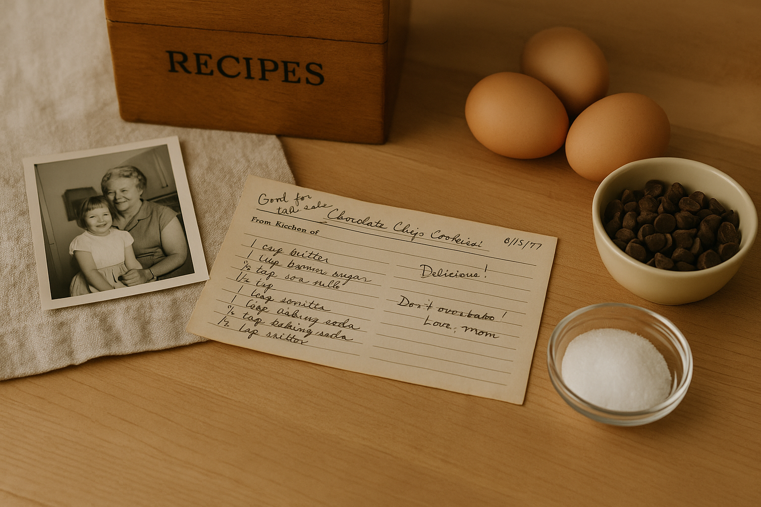 Family recipe card with handwritten notes, dates, and old photo beside cooking ingredients